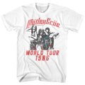 white unisex motley crue shirt with logo and world tour 1986 poster graphic with text that reads "world tour 1986"