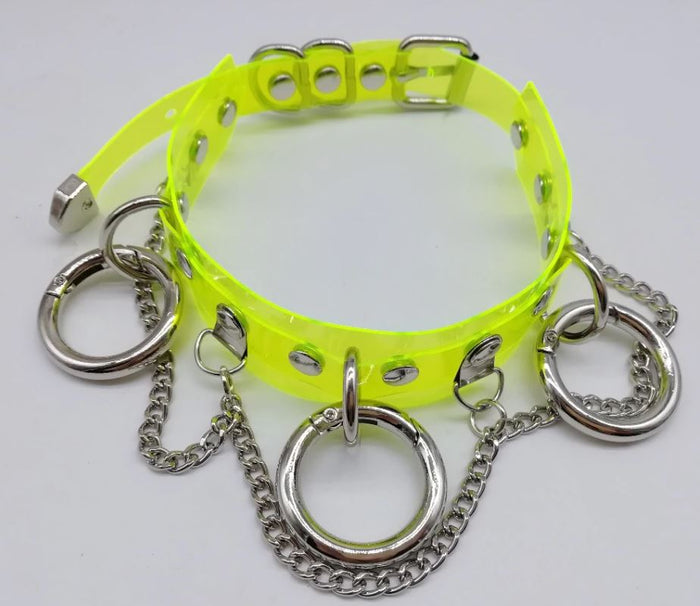 top view of neon green see through choker with Three O rings, Hanging chain and Adjustable buckle closure