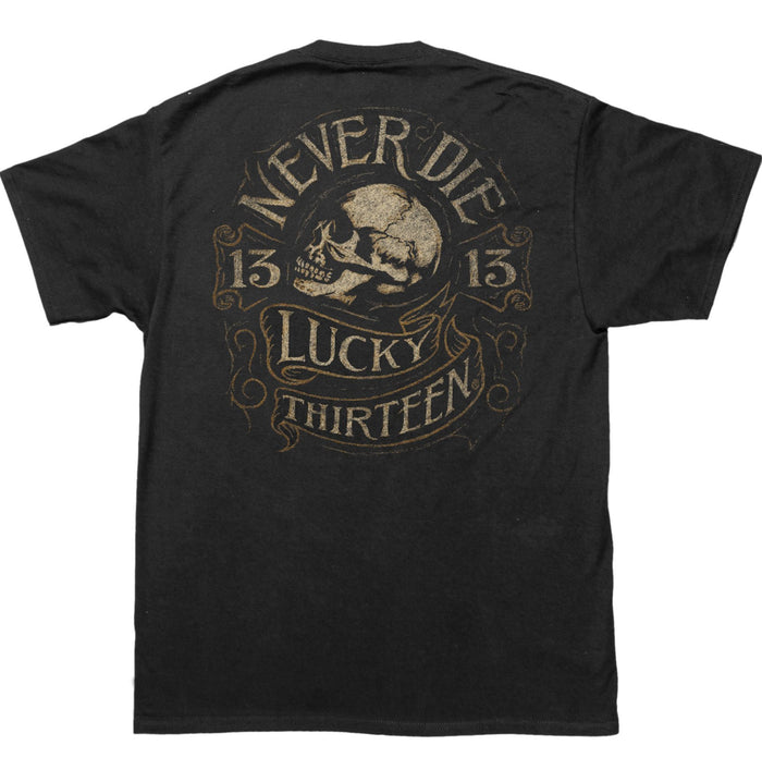 back of Black Lucky 13 t-shirt with a full back print of Lucky 13's "Never Die" art, which is a profile of a skull with "Never Die" and "Lucky Thirteen" written in the banners around it and a "13" on either side. The front left chest has a pocket logo print as well.