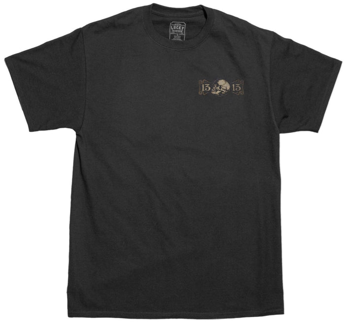 front of Black Lucky 13 t-shirt with a full back print of Lucky 13's "Never Die" art, which is a profile of a skull with "Never Die" and "Lucky Thirteen" written in the banners around it and a "13" on either side. The front left chest has a pocket logo print as well.