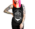 women's Black racerback tank top with white never trust the living design with upside down pentagram on top and bat on bottom