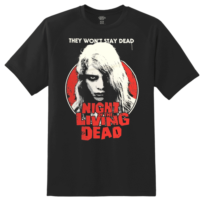 black night of the living dead movie shirt with picture of kyra schon and text that reads "they won't stay dead. night of the living dead"