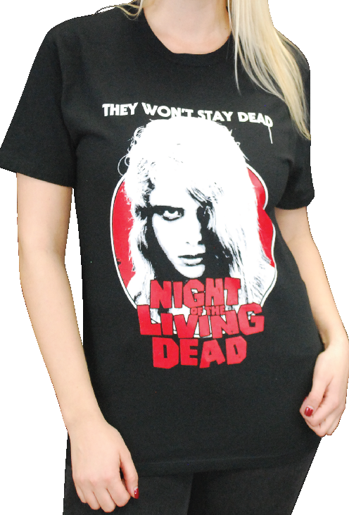 person wearing black night of the living dead movie shirt with picture of kyra schon and text that reads "they won't stay dead. night of the living dead"