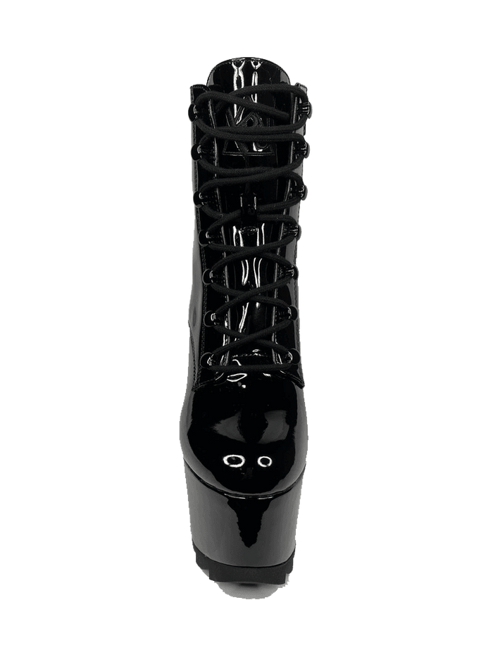 front view of Black vegan shiny patent leather tall military style platform boot with black cotton laces and black inner zipper. Front of platform has a fanned grip for better stability when walking.