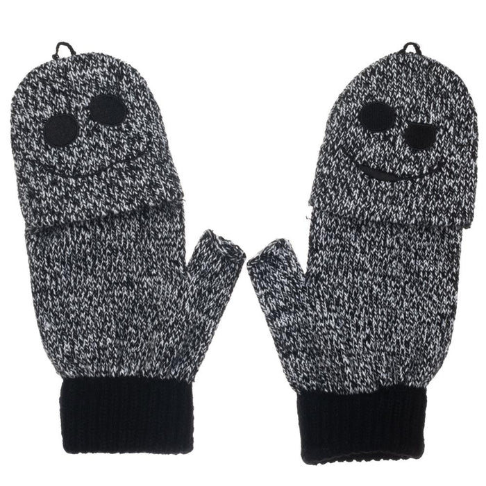 Black and white speckled fingerless gloves with Jack Skellington faces embroidered on, and glove has finger covers that button or unbutton to cover fingers.