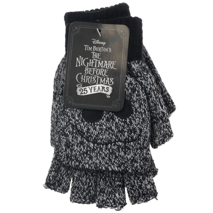 Black and white speckled fingerless gloves with Jack Skellington faces embroidered on, and glove has finger covers that button or unbutton to cover fingers.