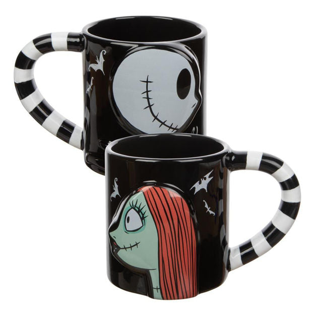Black mugs (set of 2). One mug has Jack Skellington from a side profile and one mug has Sally from a side profile. Handles are black and white striped. Back of mugs have tombstones that read "Nightmare Before Christmas" with Zero underneath.