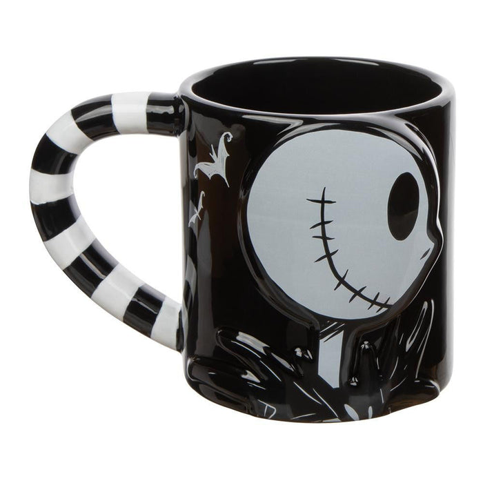 Black mugs (set of 2). One mug has Jack Skellington from a side profile and one mug has Sally from a side profile. Handles are black and white striped. Back of mugs have tombstones that read "Nightmare Before Christmas" with Zero underneath.