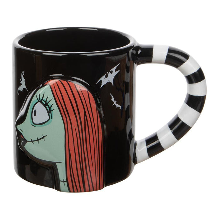 Black mugs (set of 2). One mug has Jack Skellington from a side profile and one mug has Sally from a side profile. Handles are black and white striped. Back of mugs have tombstones that read "Nightmare Before Christmas" with Zero underneath.