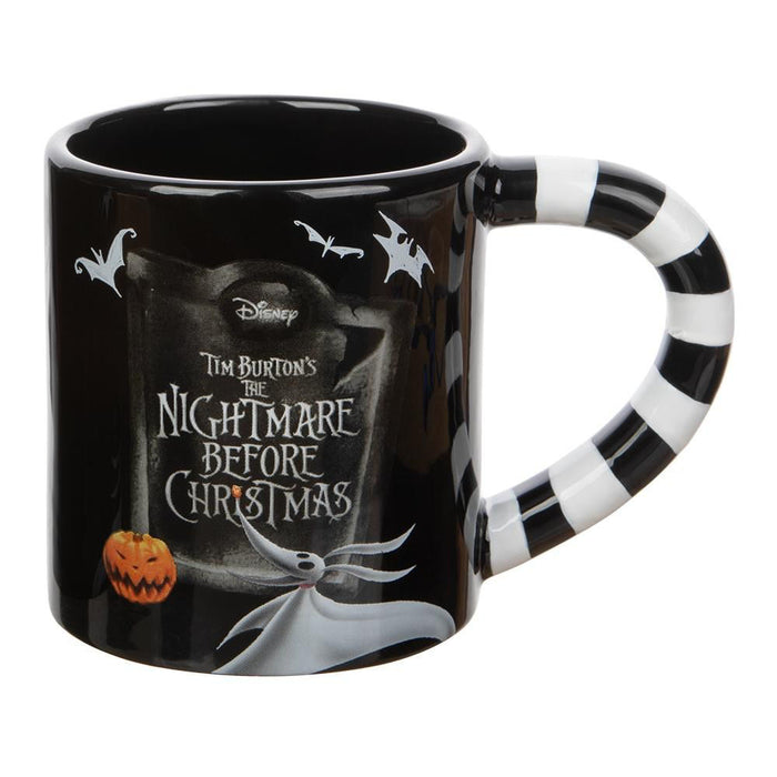 Black mugs (set of 2). One mug has Jack Skellington from a side profile and one mug has Sally from a side profile. Handles are black and white striped. Back of mugs have tombstones that read "Nightmare Before Christmas" with Zero underneath.