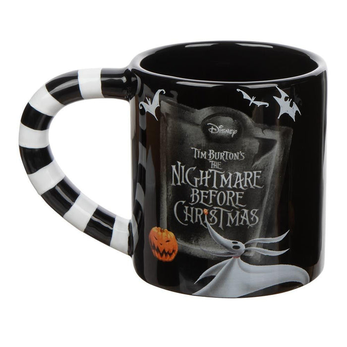 Black mugs (set of 2). One mug has Jack Skellington from a side profile and one mug has Sally from a side profile. Handles are black and white striped. Back of mugs have tombstones that read "Nightmare Before Christmas" with Zero underneath.
