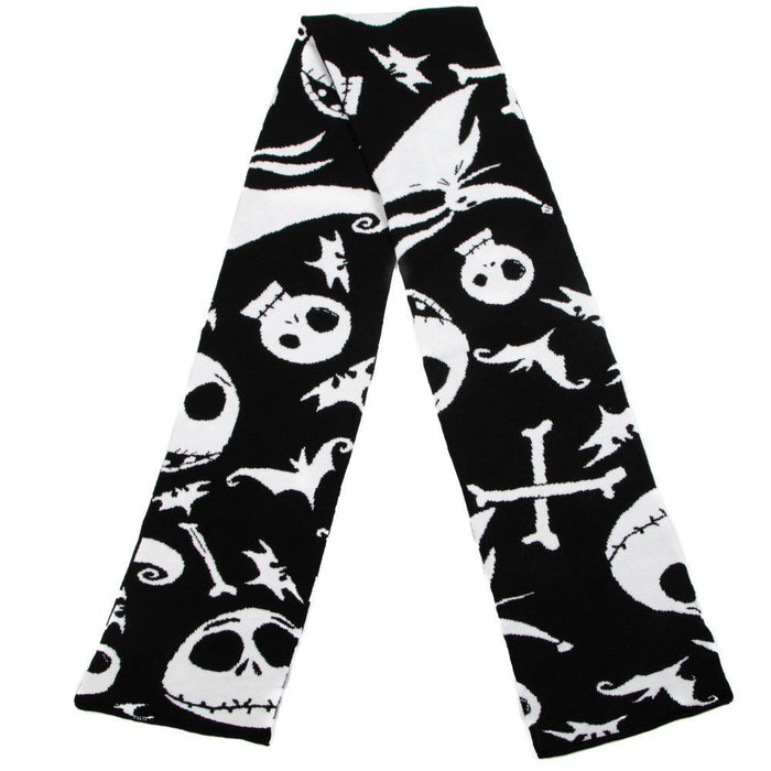 Black and white jacquard knit scarf with Jack Skellington, Zero, Bones and Bats all over print.
