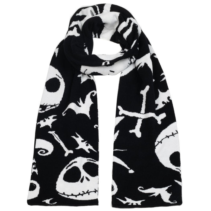 Black and white jacquard knit scarf with Jack Skellington, Zero, Bones and Bats all over print.