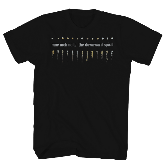 Black t-shirt with 'nine inch nails: the downward spiral' design on a white background