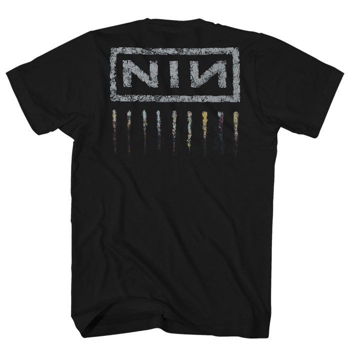 Black t-shirt with a logo on the back against a white background