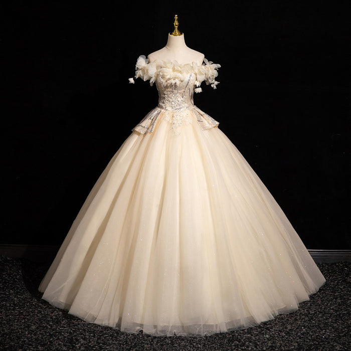 Off-Shoulder Ball Gown with 3D Floral Appliqués – Sparkling Tulle Prom Dress | Formal Evening Gown