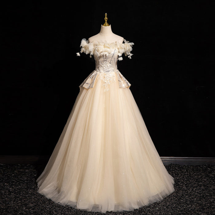 Off-Shoulder Ball Gown with 3D Floral Appliqués – Sparkling Tulle Prom Dress | Formal Evening Gown