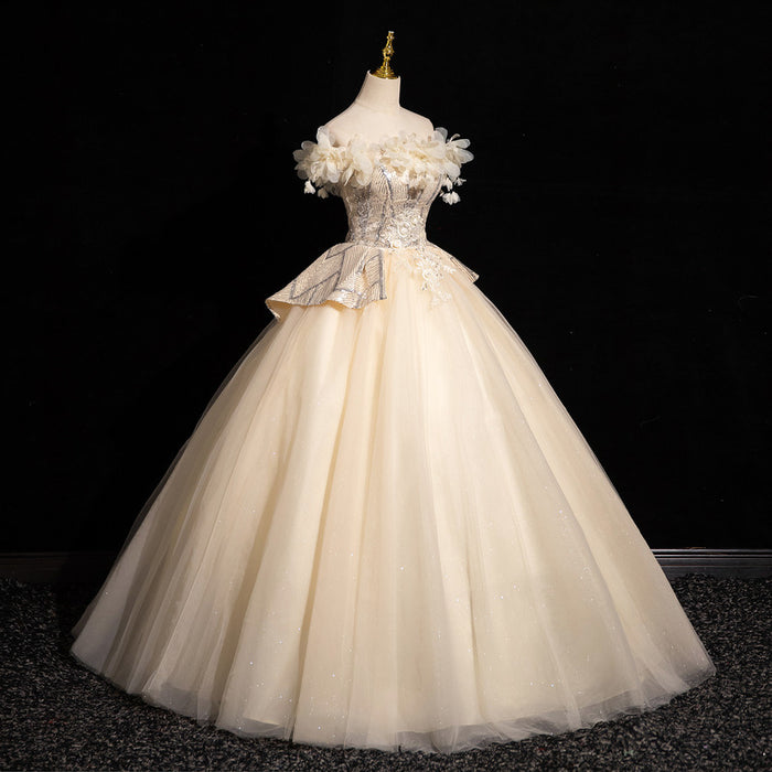 Off-Shoulder Ball Gown with 3D Floral Appliqués – Sparkling Tulle Prom Dress | Formal Evening Gown