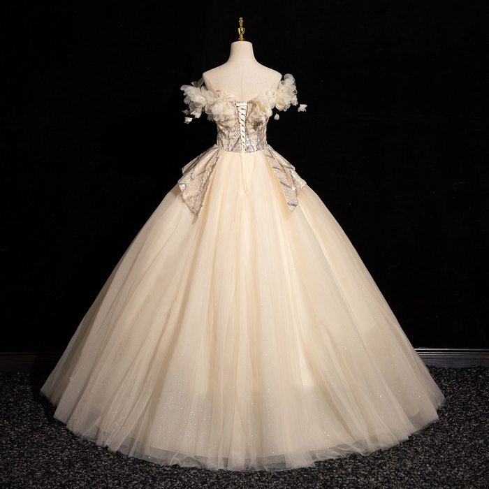 Off-Shoulder Ball Gown with 3D Floral Appliqués – Sparkling Tulle Prom Dress | Formal Evening Gown
