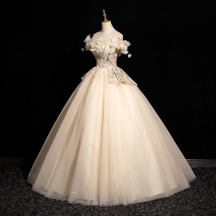 Off-Shoulder Ball Gown with 3D Floral Appliqués – Sparkling Tulle Prom Dress | Formal Evening Gown