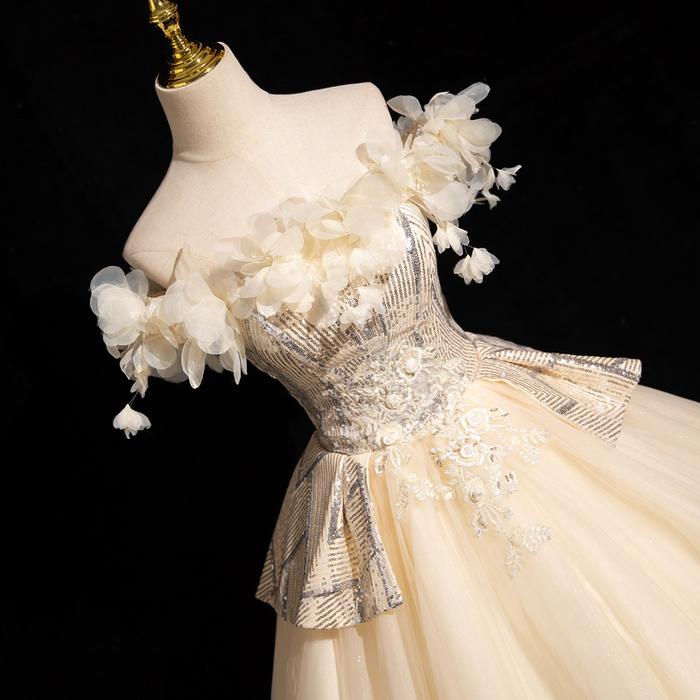 Off-Shoulder Ball Gown with 3D Floral Appliqués – Sparkling Tulle Prom Dress | Formal Evening Gown