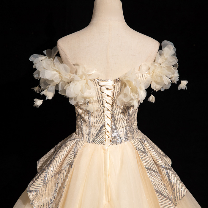 Off-Shoulder Ball Gown with 3D Floral Appliqués – Sparkling Tulle Prom Dress | Formal Evening Gown