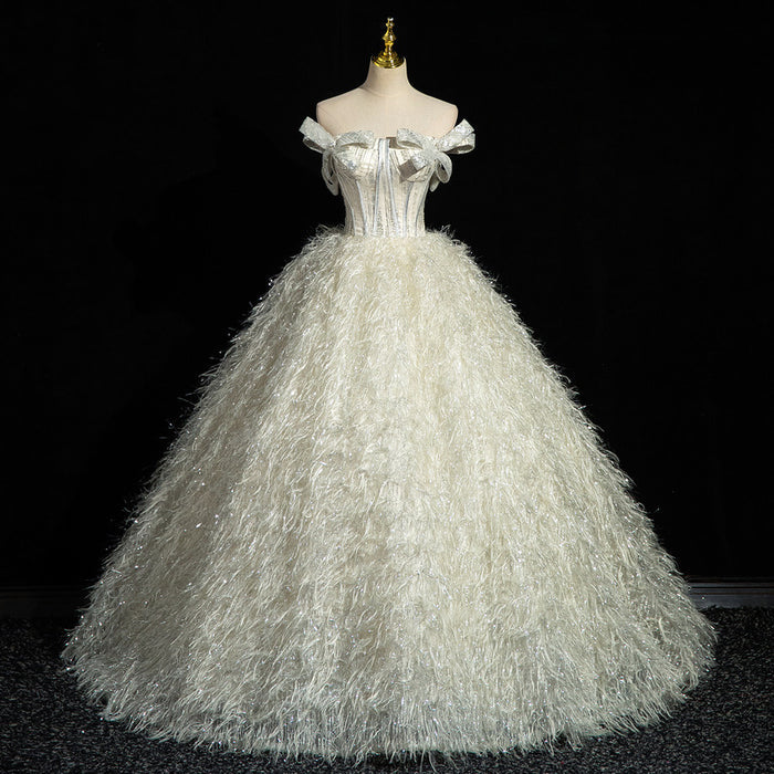 Off-Shoulder Feather Wedding Dress | Glitter Ball Gown Bridal Gown with Corset Back | Custom Made Princess Wedding Dress