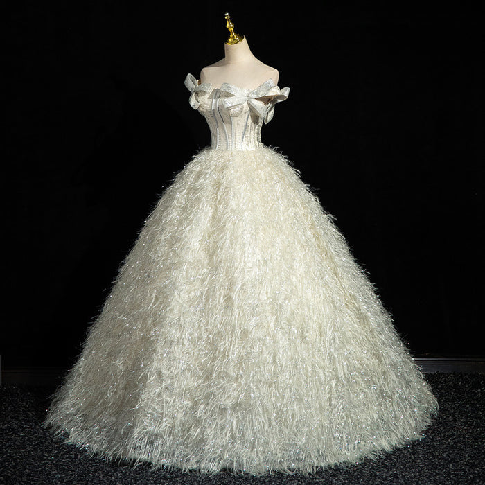 Off-Shoulder Feather Wedding Dress | Glitter Ball Gown Bridal Gown with Corset Back | Custom Made Princess Wedding Dress