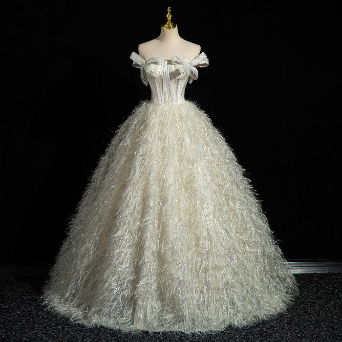 Off-Shoulder Feather Wedding Dress | Glitter Ball Gown Bridal Gown with Corset Back | Custom Made Princess Wedding Dress