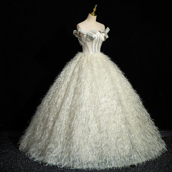 Off-Shoulder Feather Wedding Dress | Glitter Ball Gown Bridal Gown with Corset Back | Custom Made Princess Wedding Dress