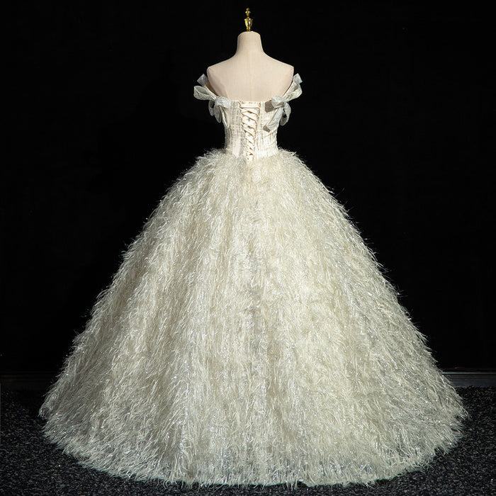 Off-Shoulder Feather Wedding Dress | Glitter Ball Gown Bridal Gown with Corset Back | Custom Made Princess Wedding Dress