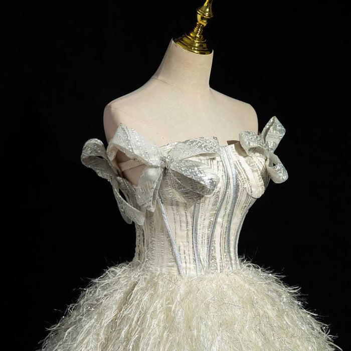 Off-Shoulder Feather Wedding Dress | Glitter Ball Gown Bridal Gown with Corset Back | Custom Made Princess Wedding Dress