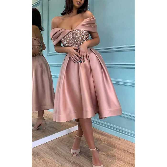 Off Shoulder Sequin Satin Prom Dresses A-Line Homecoming Dresses Bridesmaid Dress