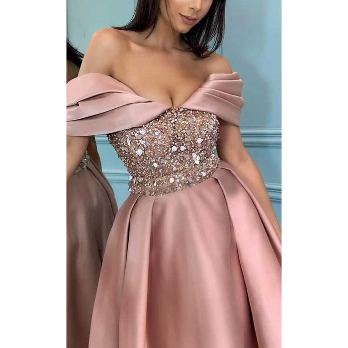 Off Shoulder Sequin Satin Prom Dresses A-Line Homecoming Dresses Bridesmaid Dress