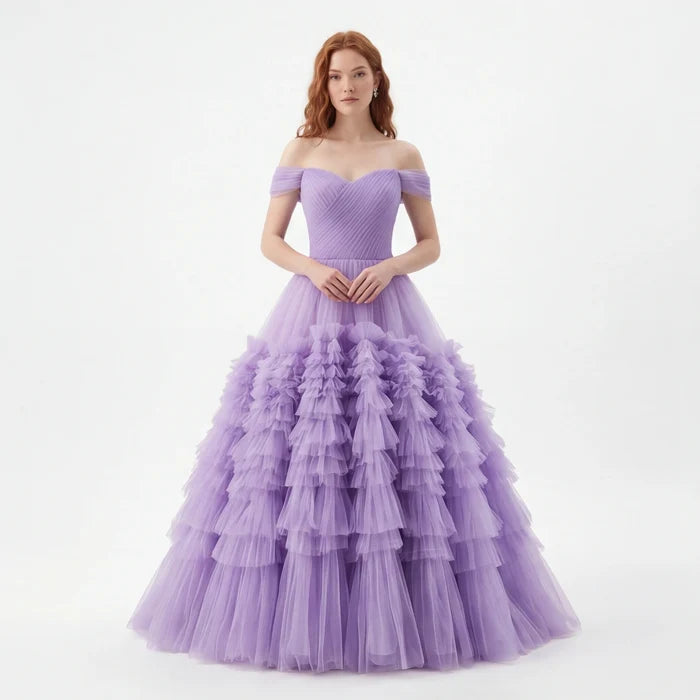 Off Shoulder Tulle Ruffle Prom Dress with Sweetheart Neckline