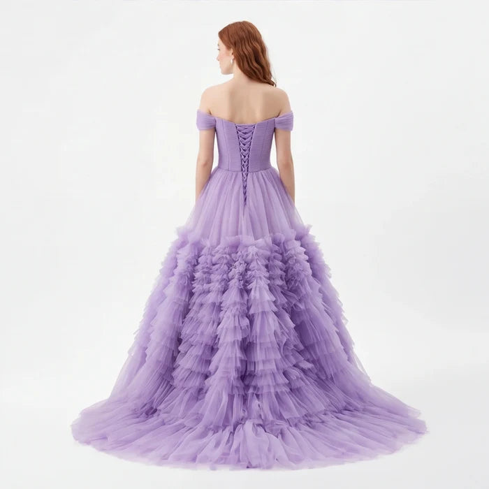 Off Shoulder Tulle Ruffle Prom Dress with Sweetheart Neckline
