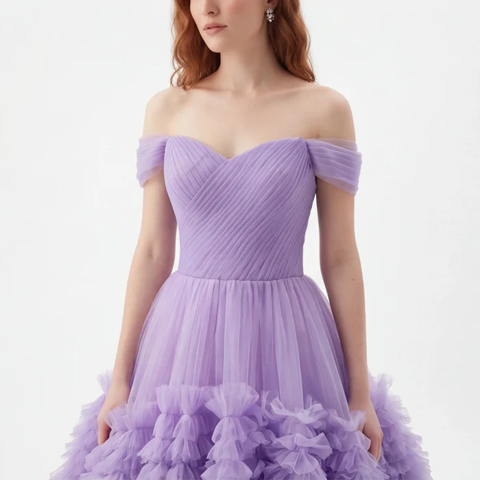 Off Shoulder Tulle Ruffle Prom Dress with Sweetheart Neckline