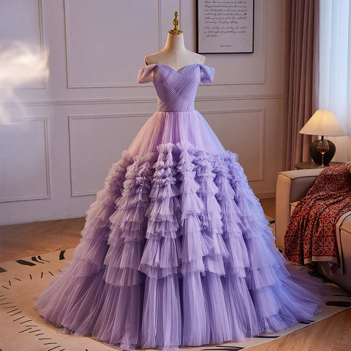 Off Shoulder Tulle Ruffle Prom Dress with Sweetheart Neckline