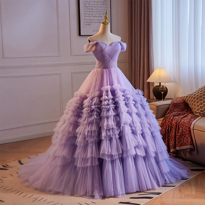 Off Shoulder Tulle Ruffle Prom Dress with Sweetheart Neckline