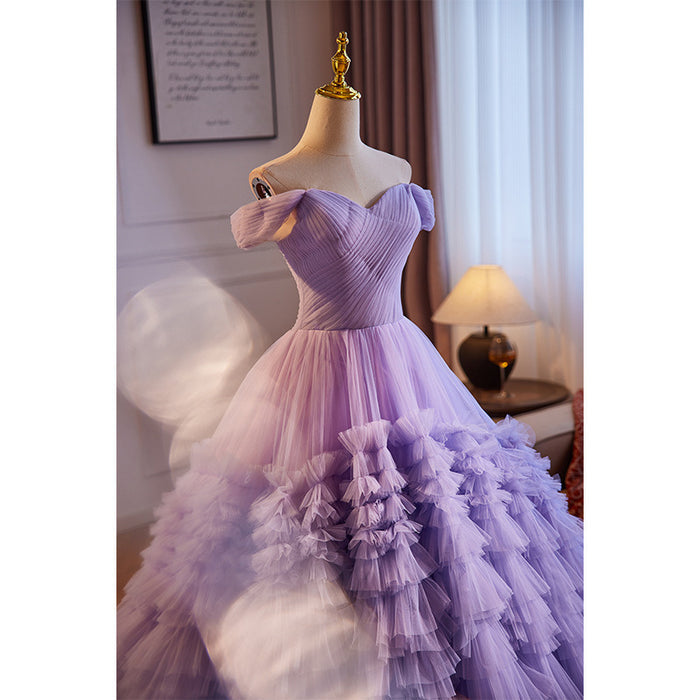 Off Shoulder Tulle Ruffle Prom Dress with Sweetheart Neckline