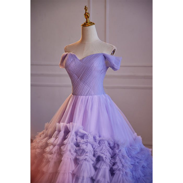 Off Shoulder Tulle Ruffle Prom Dress with Sweetheart Neckline