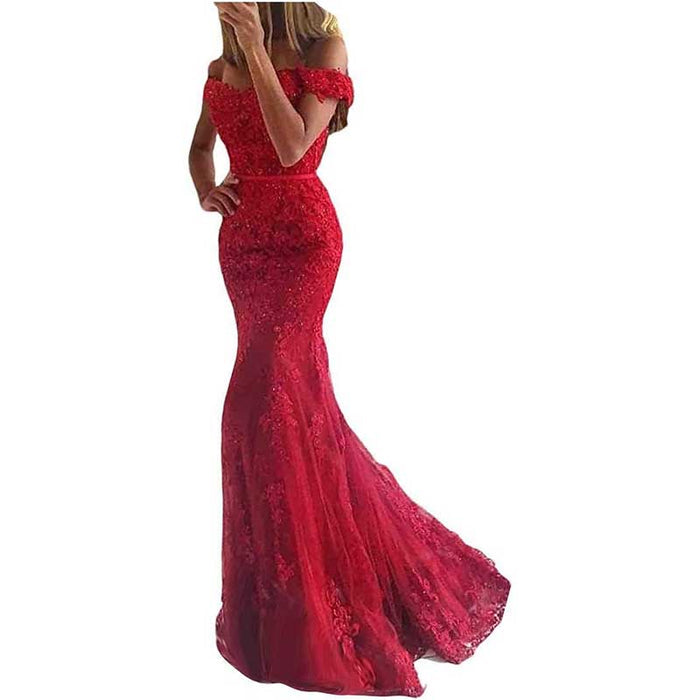 Off The Shoulder Lace Appliques Evening Dresses Mermaid Long Prom Gown