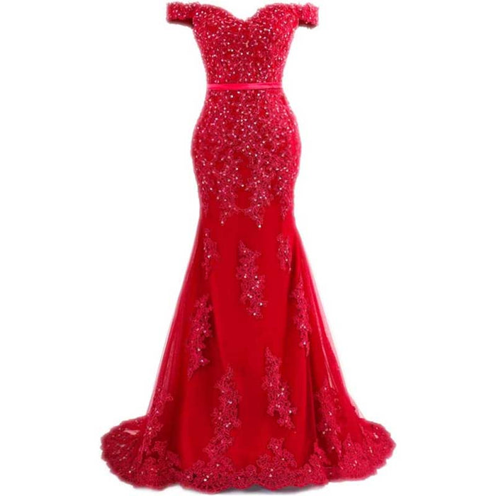 Off The Shoulder Lace Appliques Evening Dresses Mermaid Long Prom Gown
