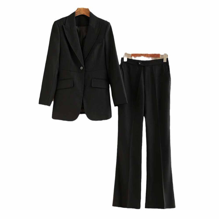 One Button Black Pantsuit Fitted Blazer + Mid-High Rise Trousers Pantsuit Suit Formal Wear