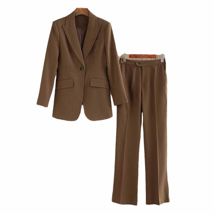One Button Coffee Pantsuit Fitted Blazer + Mid-High Rise Trousers Pantsuit Suit Formal Wear