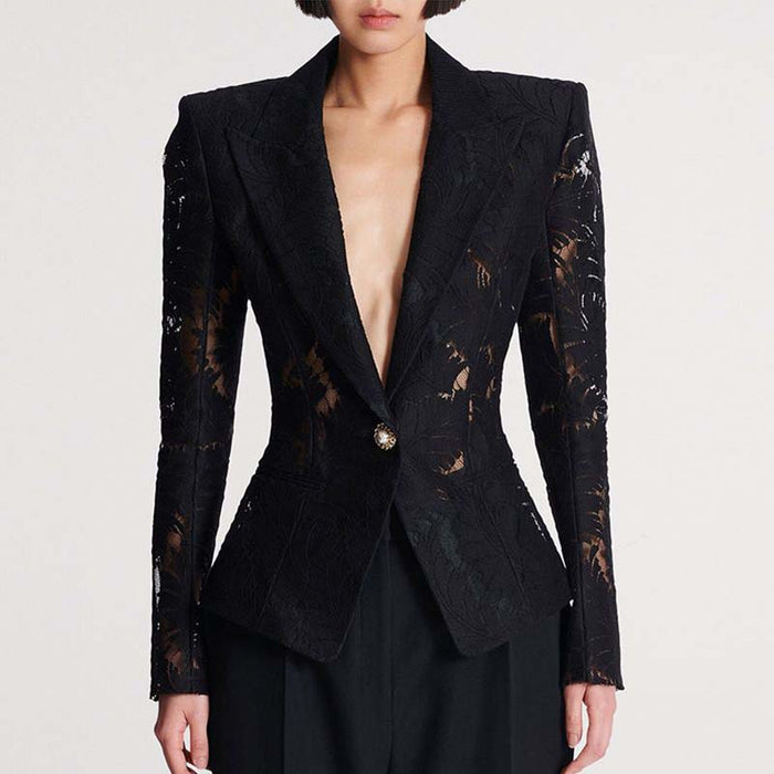 One Button Slim Fit Mesh Blazer in Black