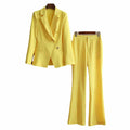 One Button Yellow Pantsuit Fitted Blazer + Mid-High Rise Trousers Pantsuit Suit Formal Wear