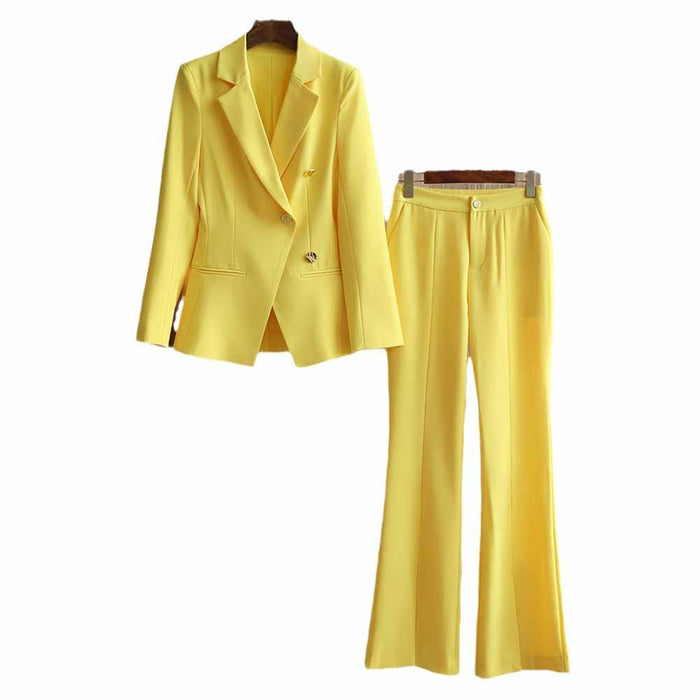 One Button Yellow Pantsuit Fitted Blazer + Mid-High Rise Trousers Pantsuit Suit Formal Wear