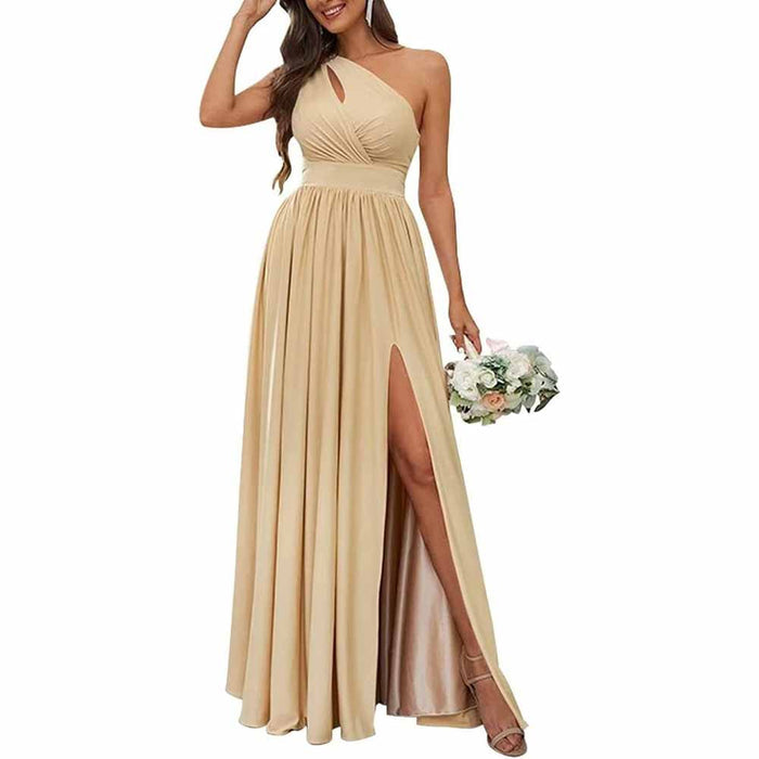 A bridesmaid in a beige one-shoulder chiffon dress with a V-neck neckline and sleeveless design, holding a bouquet of flowers.