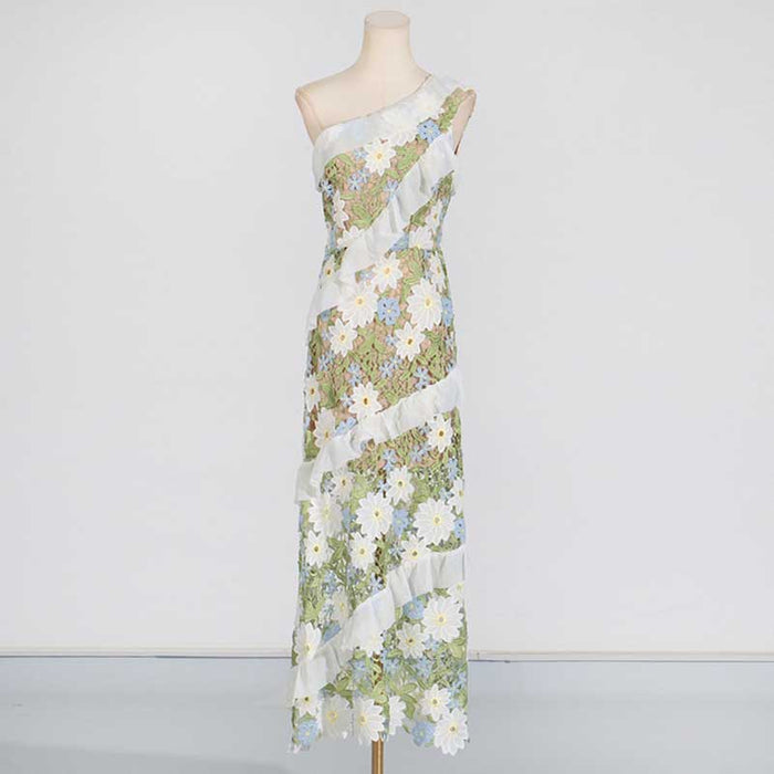 One Shoulder Lace Flora Maxi Dress